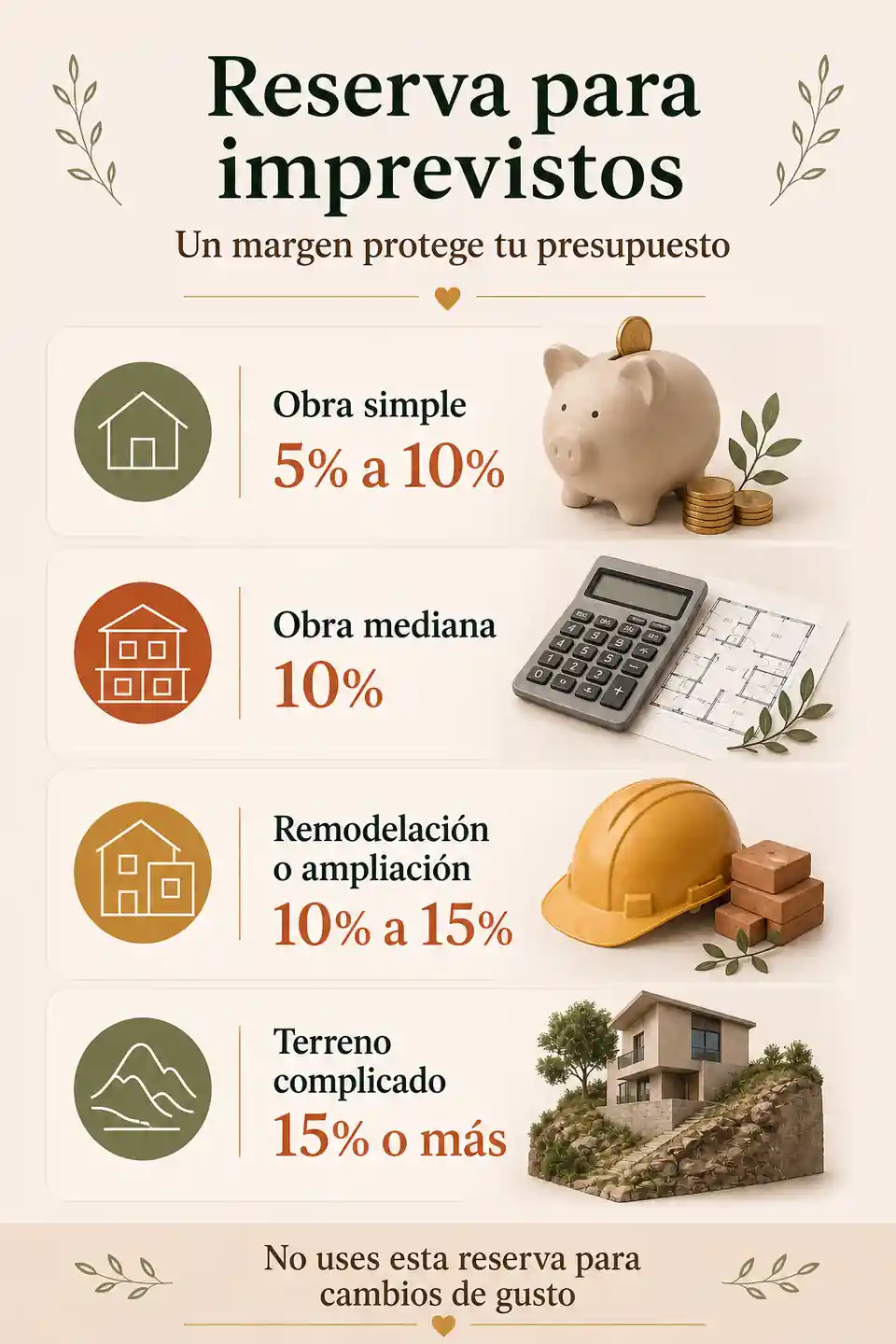 Reserva recomendada para imprevistos de construcción
