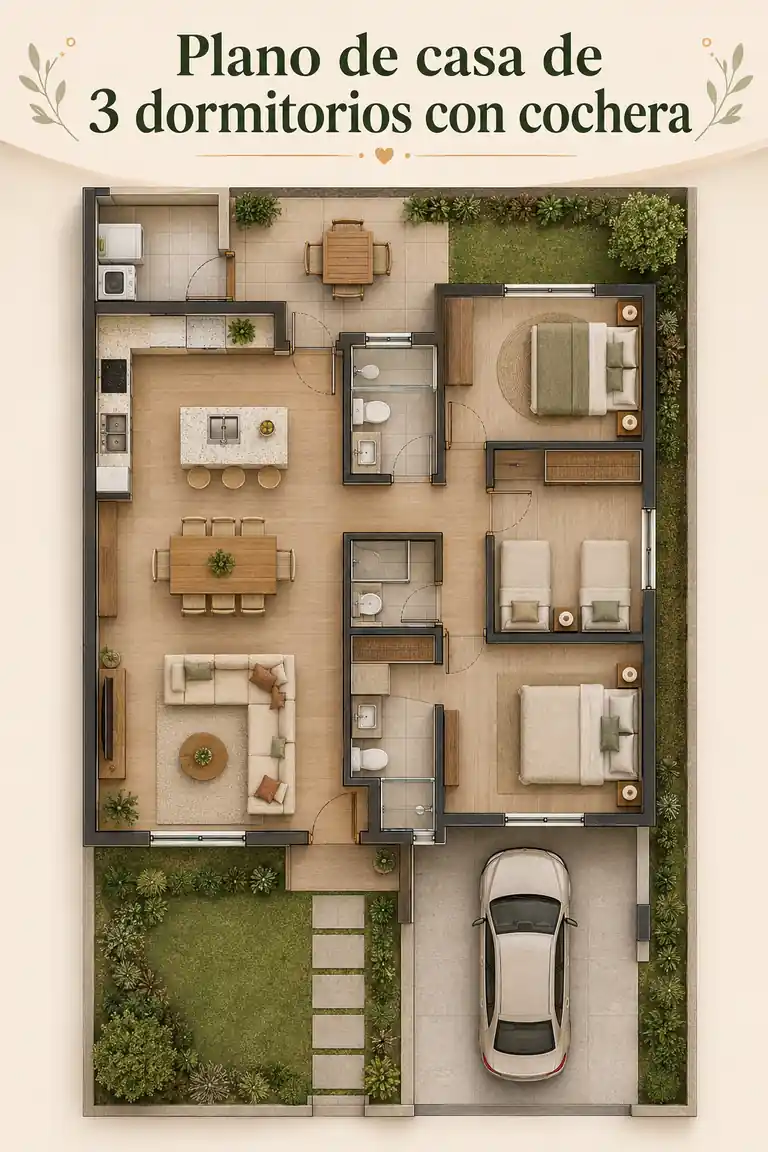 Plano de casa de 3 dormitorios con cochera