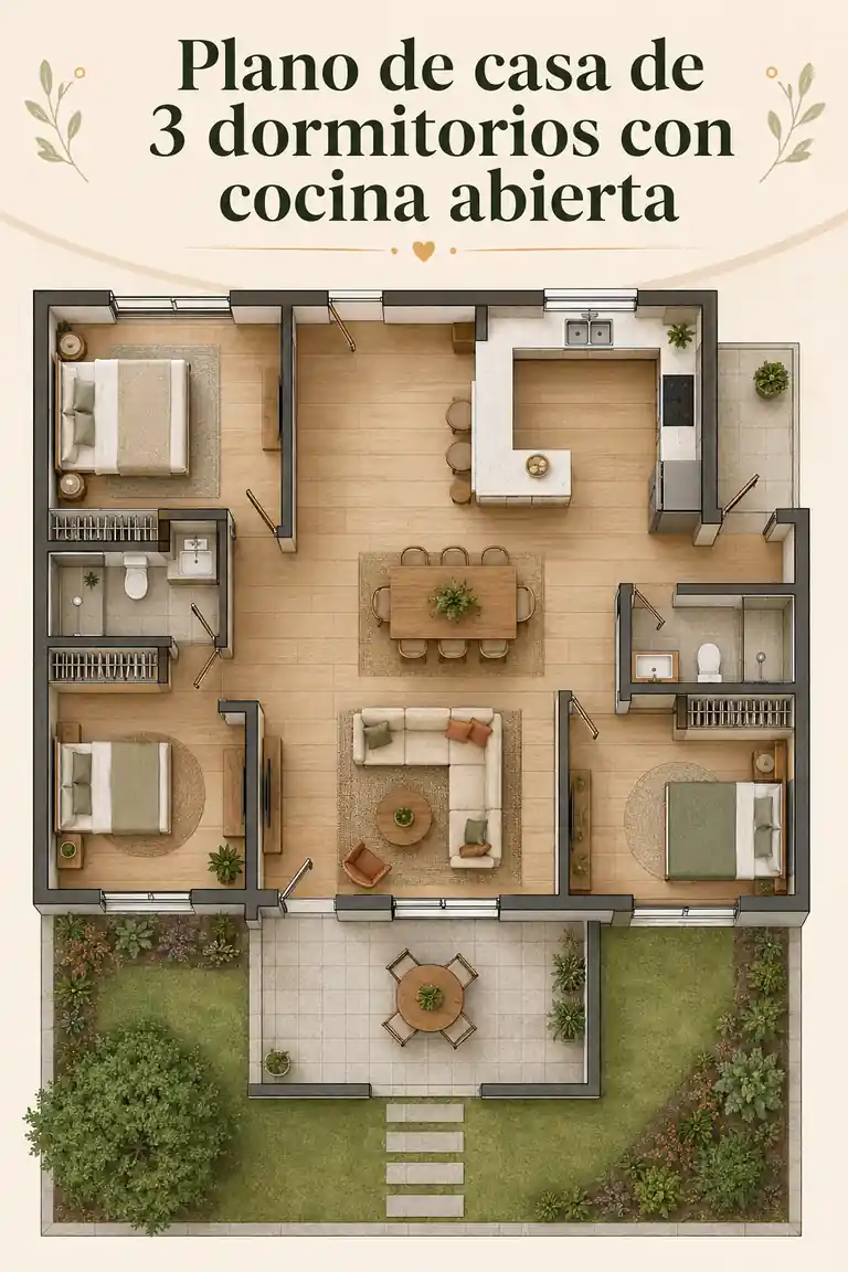 Plano de casa de 3 dormitorios con cocina abierta