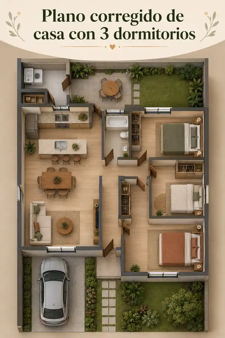 Plano corregido de casa con 3 dormitorios