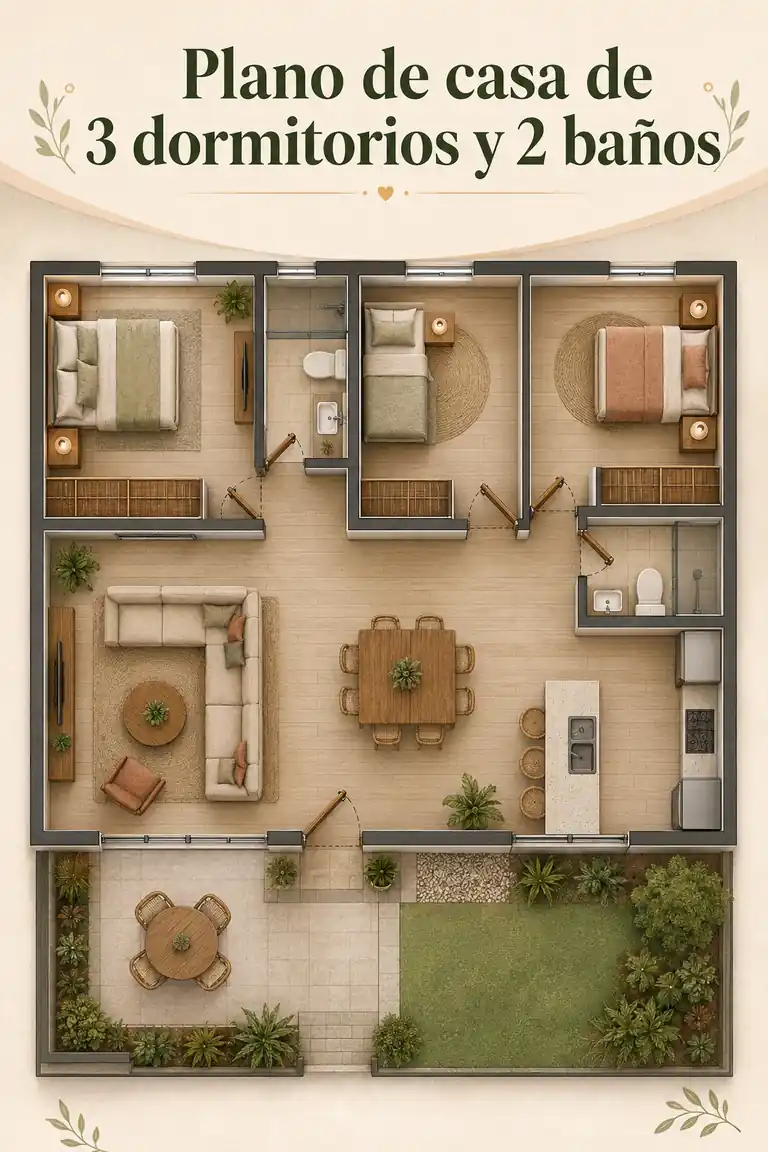 Plano de casa de 3 dormitorios y 2 baños