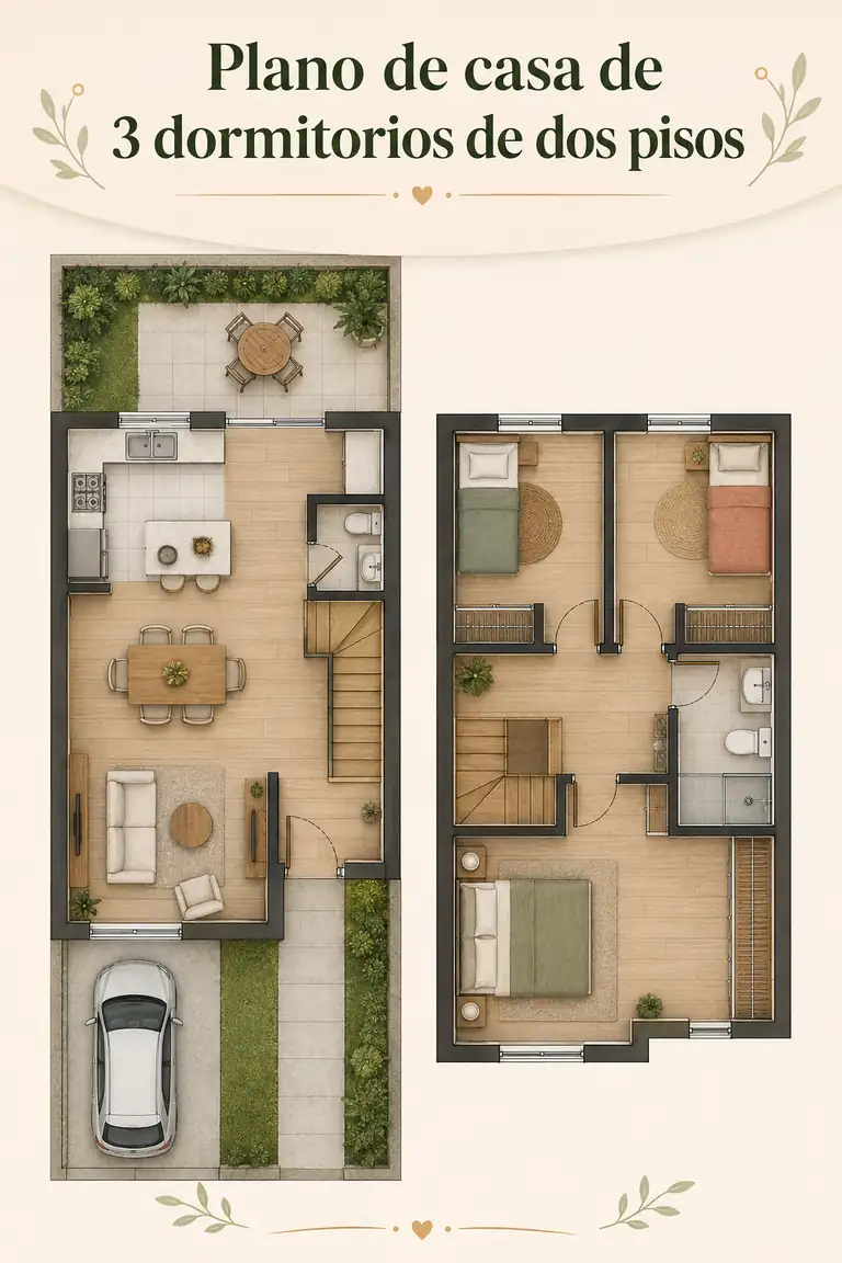Plano de casa de 3 dormitorios de dos pisos