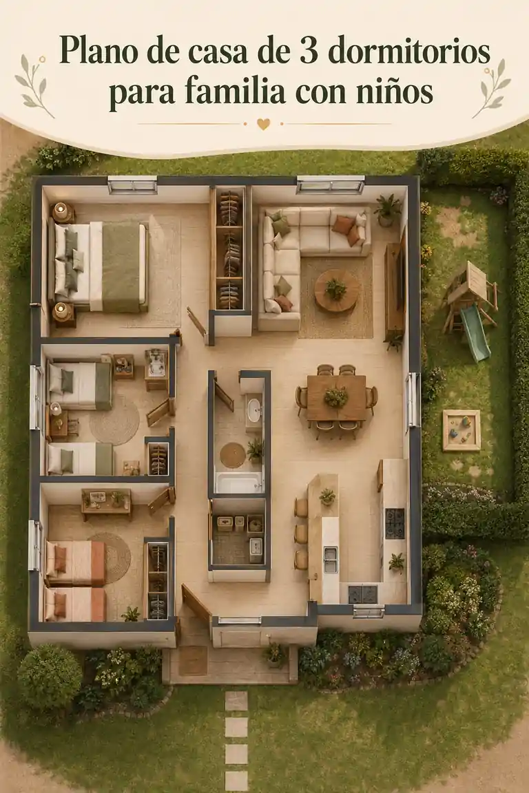 Plano de casa de 3 dormitorios para familia con niños