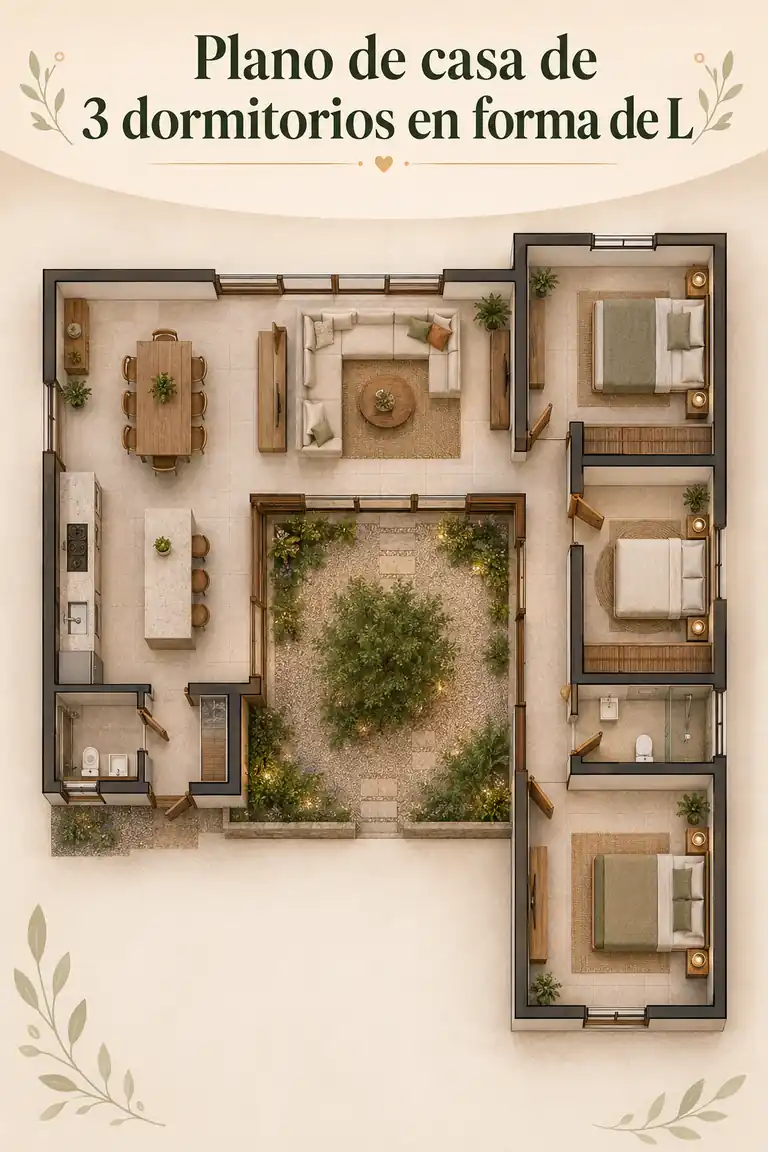 Plano de casa de 3 dormitorios en forma de L