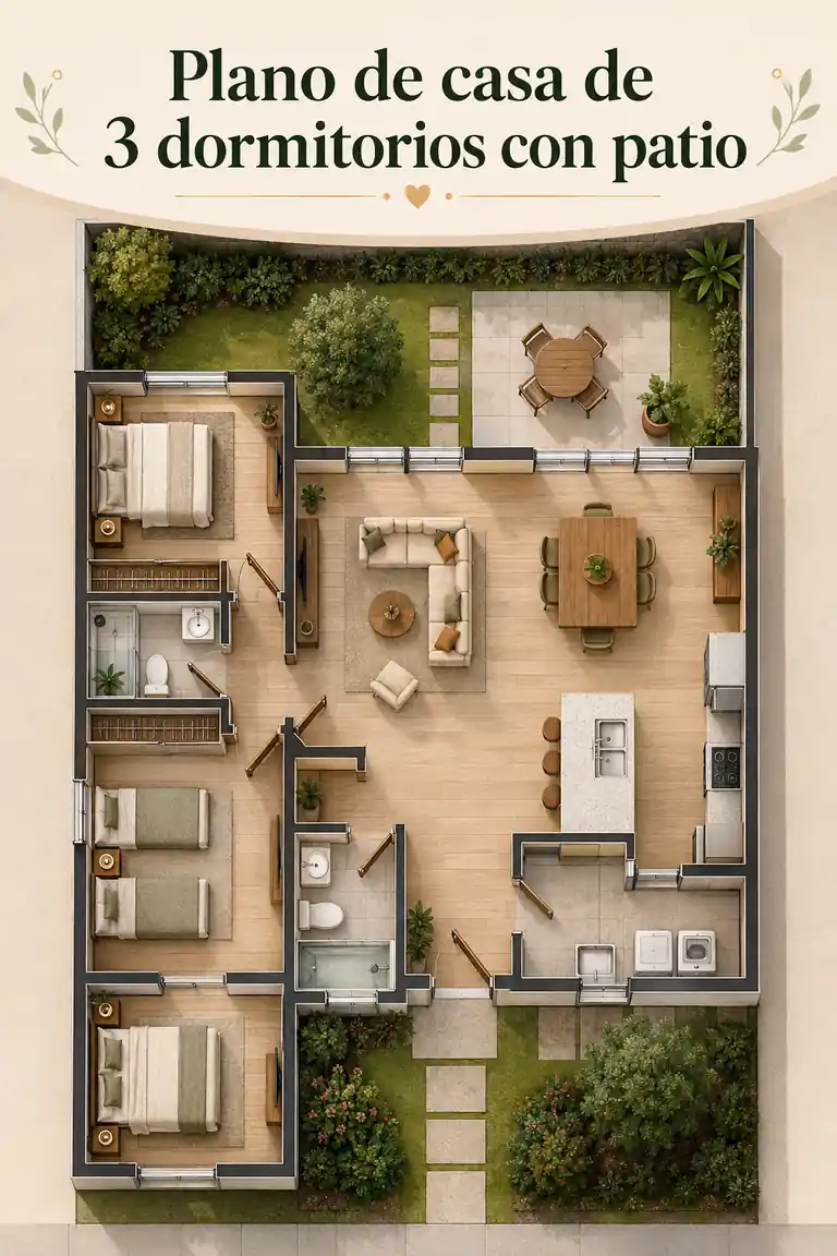 Plano de casa de 3 dormitorios con patio