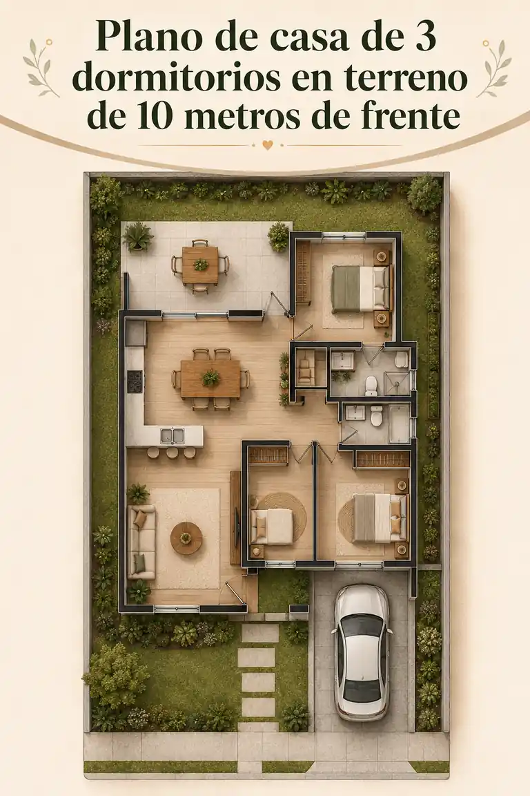 Plano de casa de 3 dormitorios en terreno de 10 metros de frente