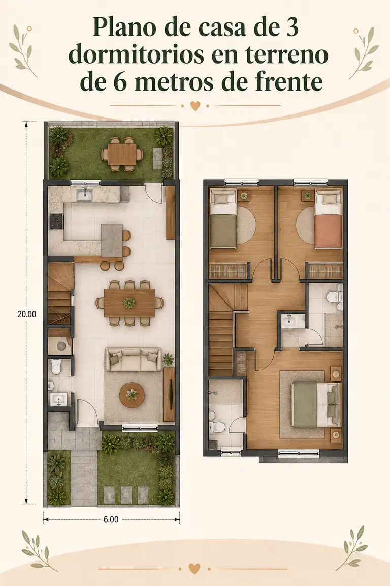 Plano de casa de 3 dormitorios en terreno de 6 metros de frente