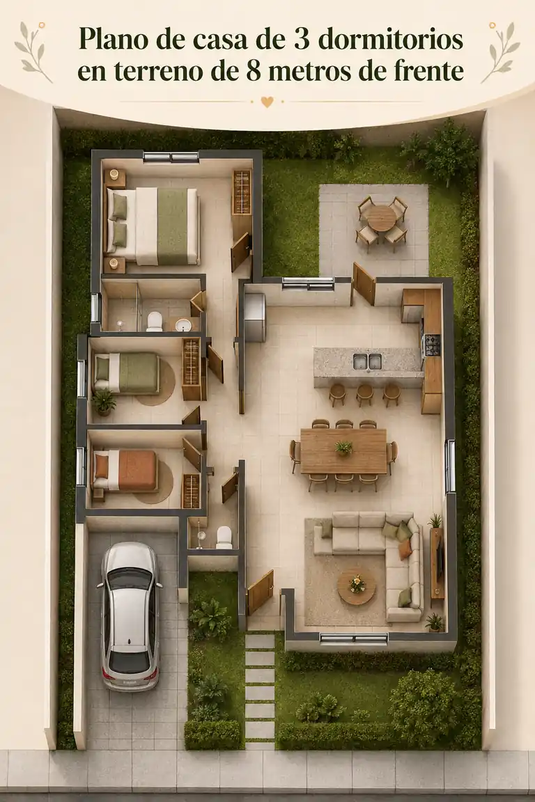Plano de casa de 3 dormitorios en terreno de 8 metros de frente