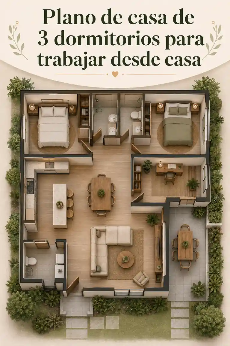 Plano de casa de 3 dormitorios para trabajar desde casa