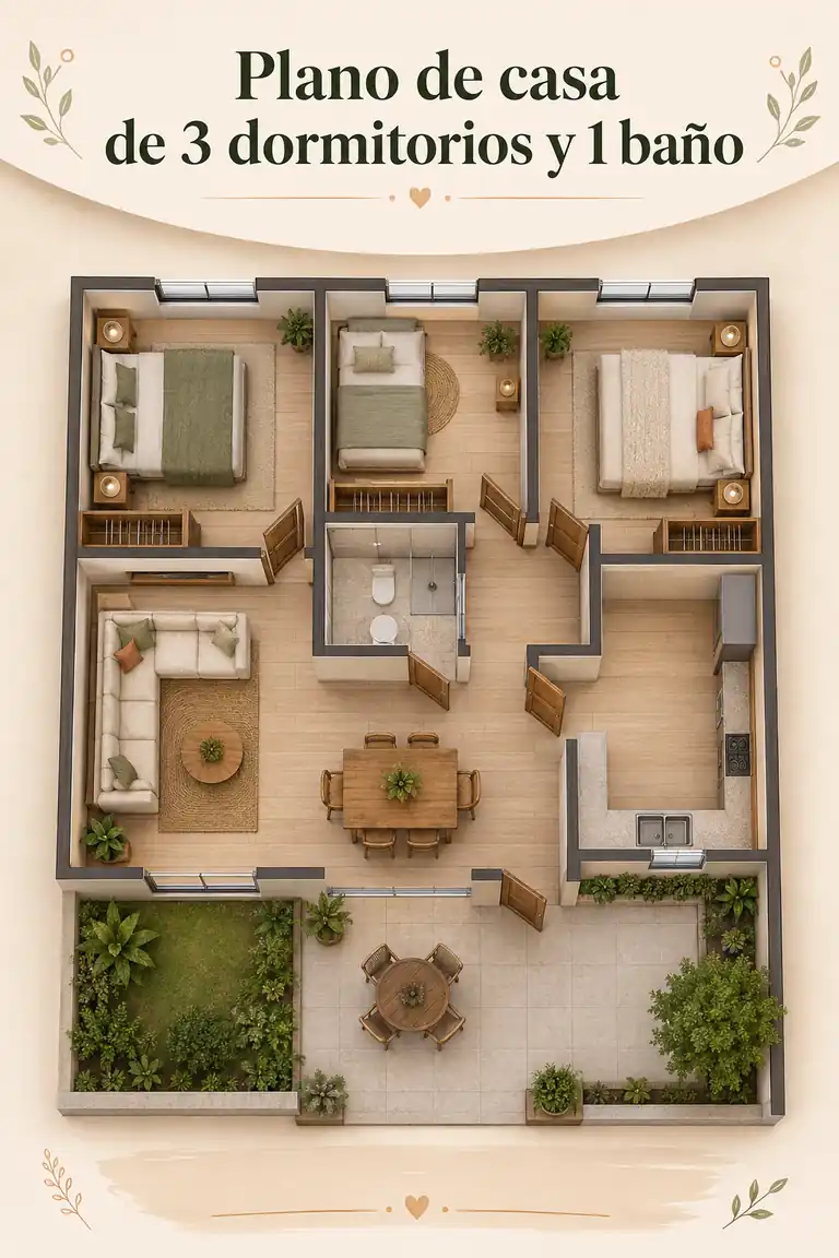 Plano de casa de 3 dormitorios y 1 baño