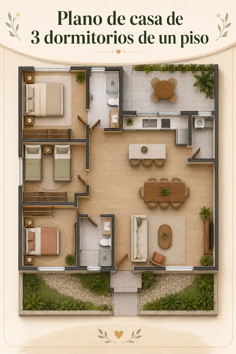 Plano de casa de 3 dormitorios de un piso