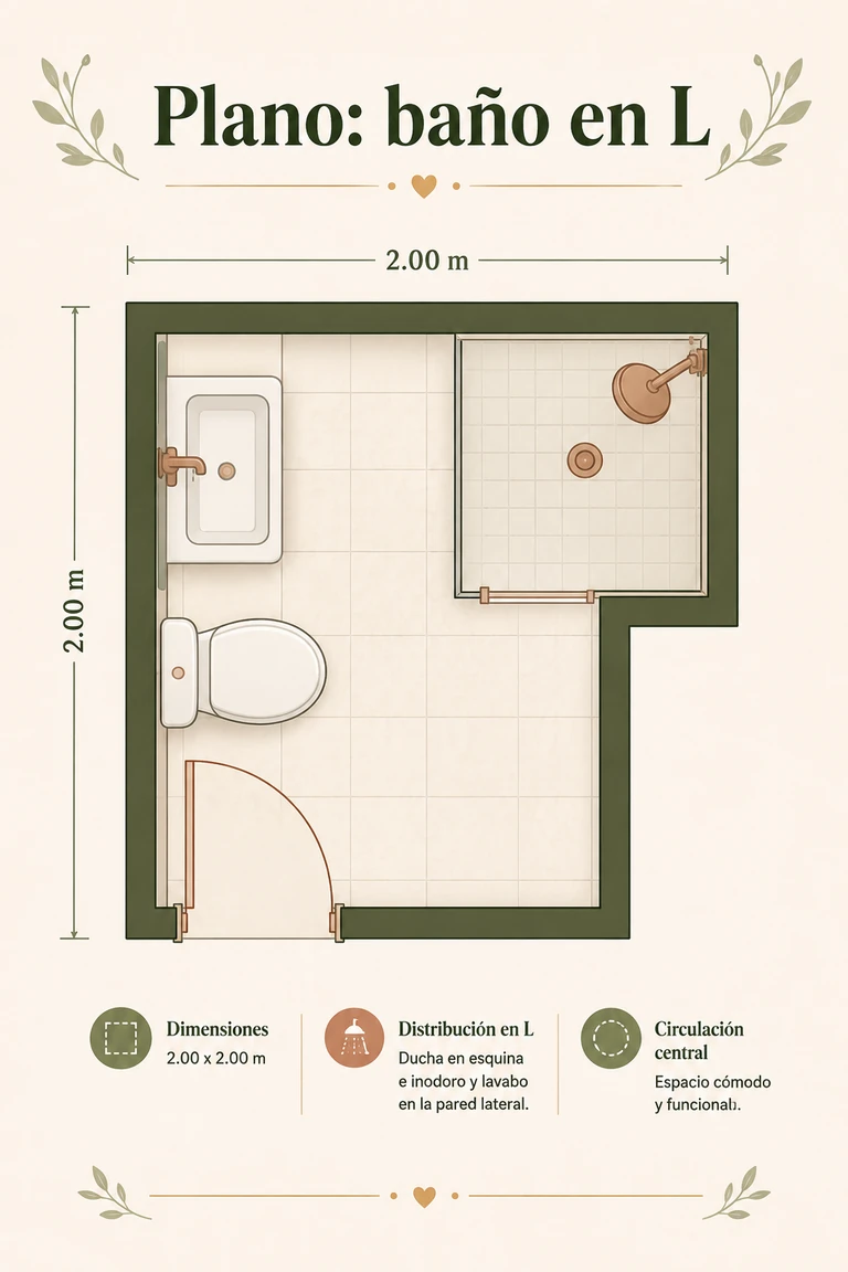 Plano de baño moderno en L