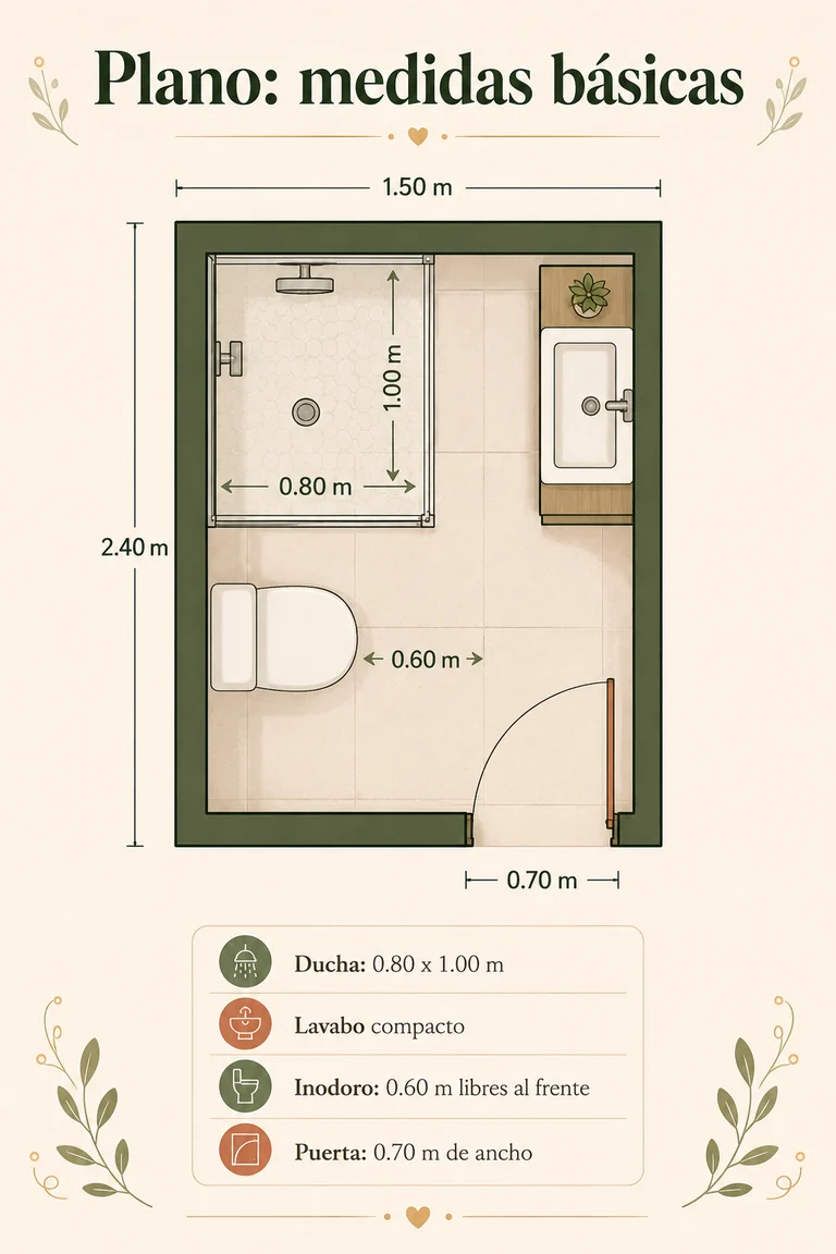 Plano de medidas básicas para un baño pequeño