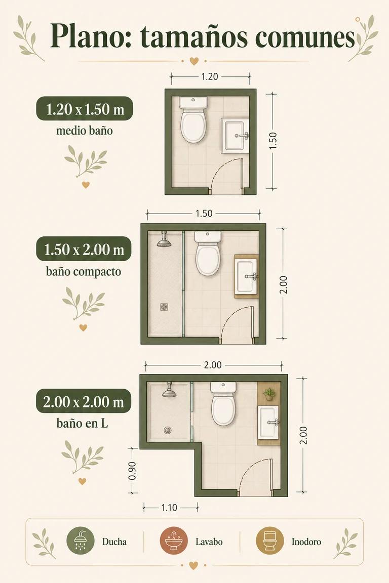 Planos de tamaños comunes de baños pequeños