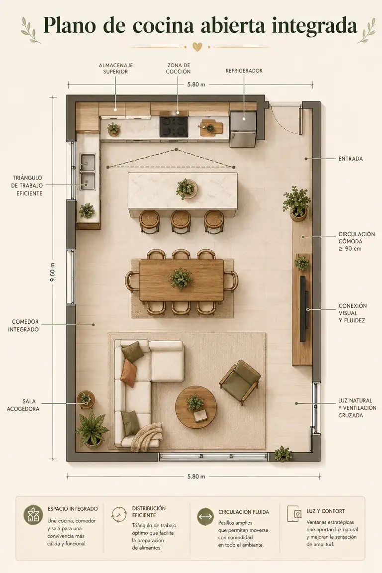 Plano de cocina abierta integrada a sala comedor