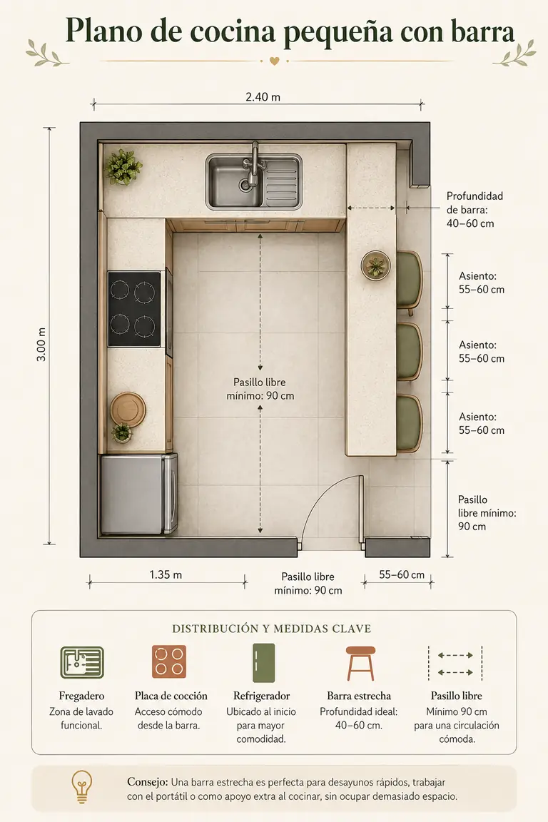 Plano de cocina pequeña con barra