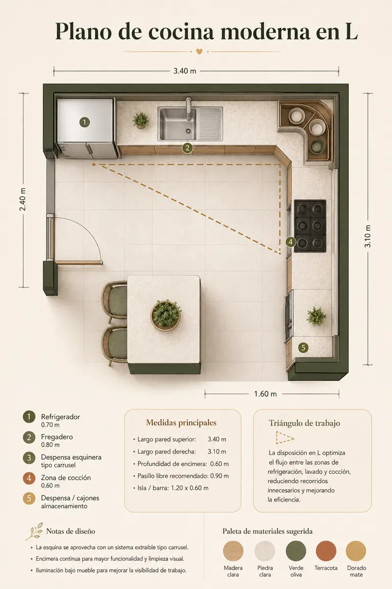 Plano de cocina moderna en L