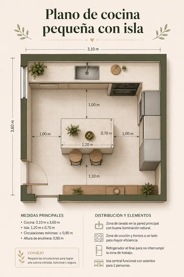 Plano de cocina pequeña con isla compacta