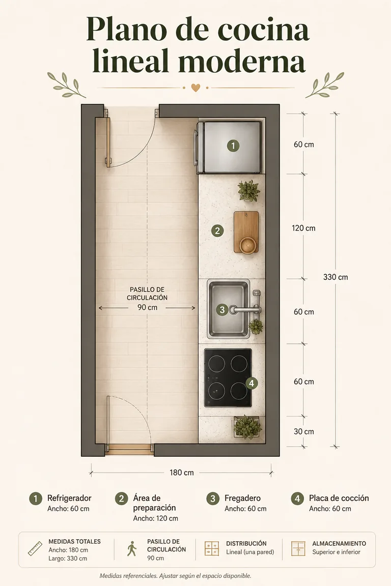 Plano de cocina lineal moderna
