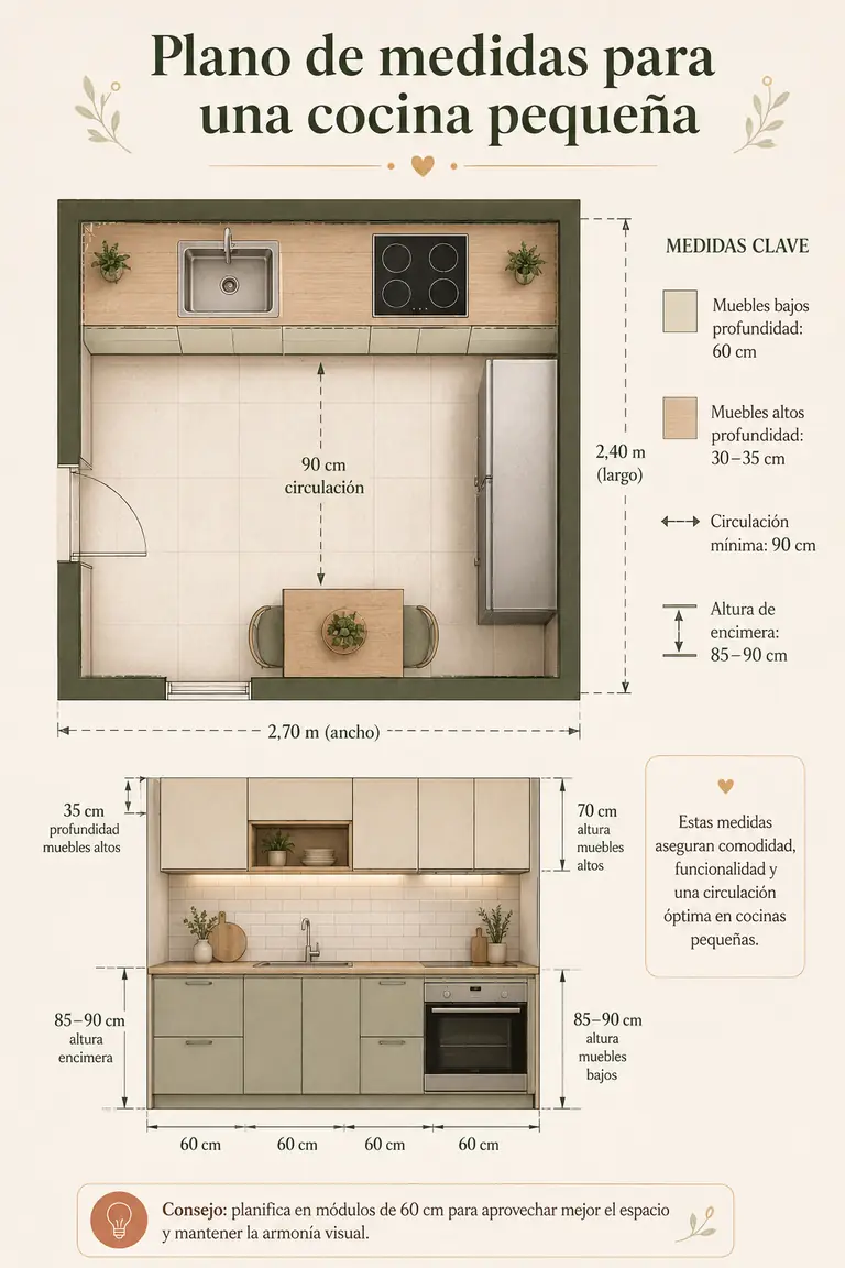 Plano con medidas importantes para una cocina pequeña