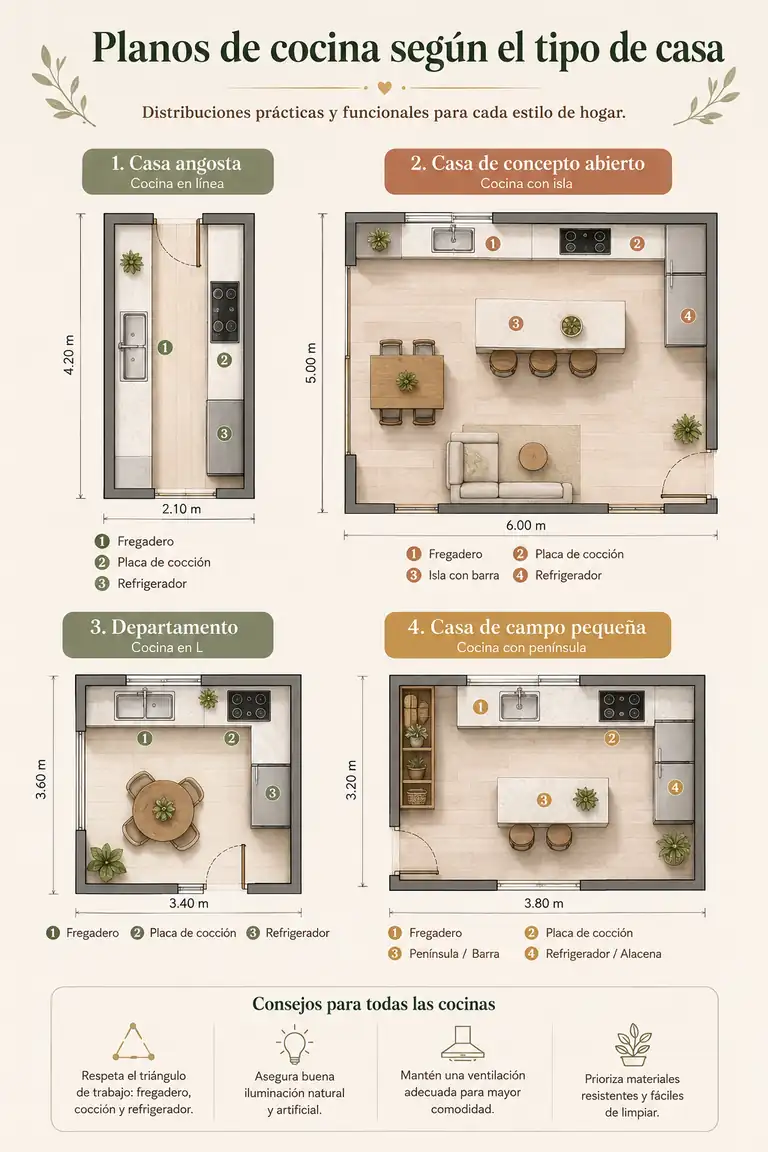 Plano para elegir el diseño de cocina según la casa