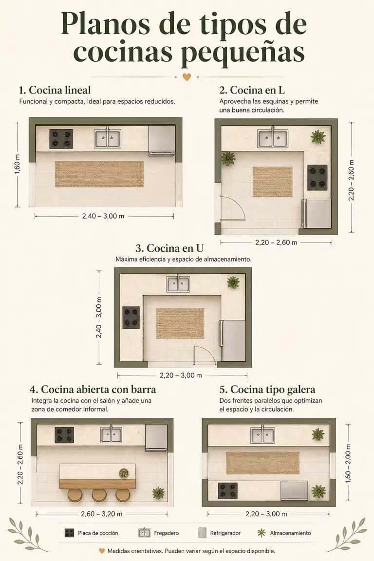 Plano comparativo de tipos de cocinas modernas pequeñas