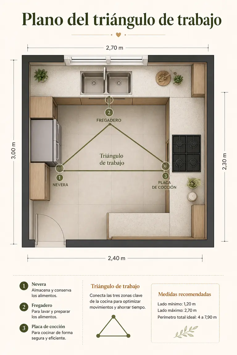 Plano del triángulo de trabajo en la cocina
