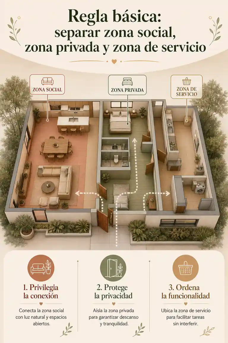 Regla básica: separar zona social, zona privada y zona de servicio